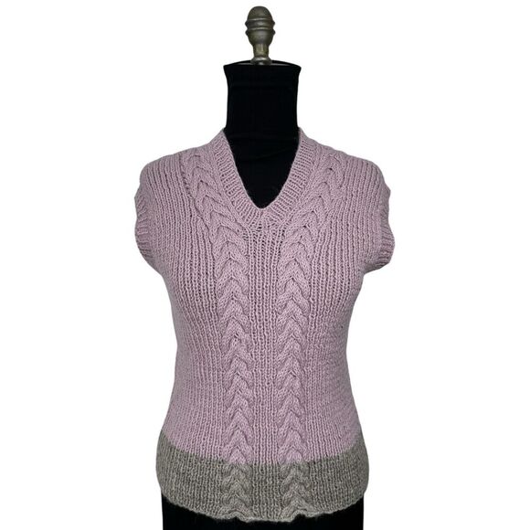 Unbranded Sweaters - Hand Knit Women V-neck Sweater Vest S Mauve Cable Knit Old Money Academia Preppy